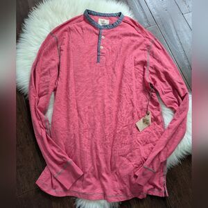 NWT True Grit Bowery Burnout Slit Tee Red Pink Long Sleeve Henley Shirt L Large